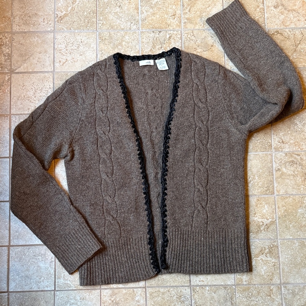 Vintage 2002 Anthropologie Odille Cardigan Sweater Velvet Trim Lambswool Knit L